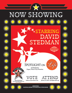 "Now Showing" red poster with white stars and silhouette of couple dancing bordered with yellow "Broadway lights" on black background