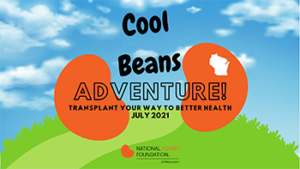 two orange kidney bean shapes with the words "Cool Beans Adventure" set against a green semi-circle and a blue sky with a few clouds